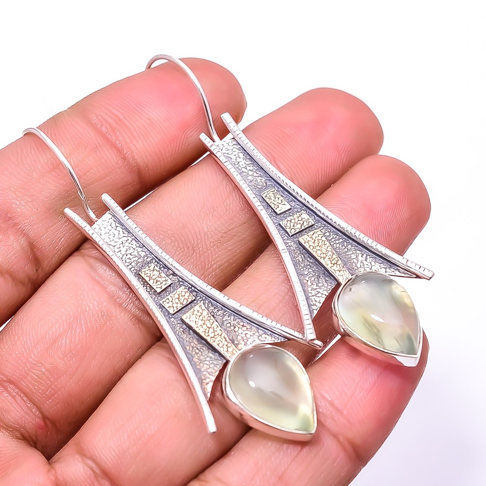 Natural Prehnite Oxidised 925 Sterling Silver Handmade Earring 2.34″ E7