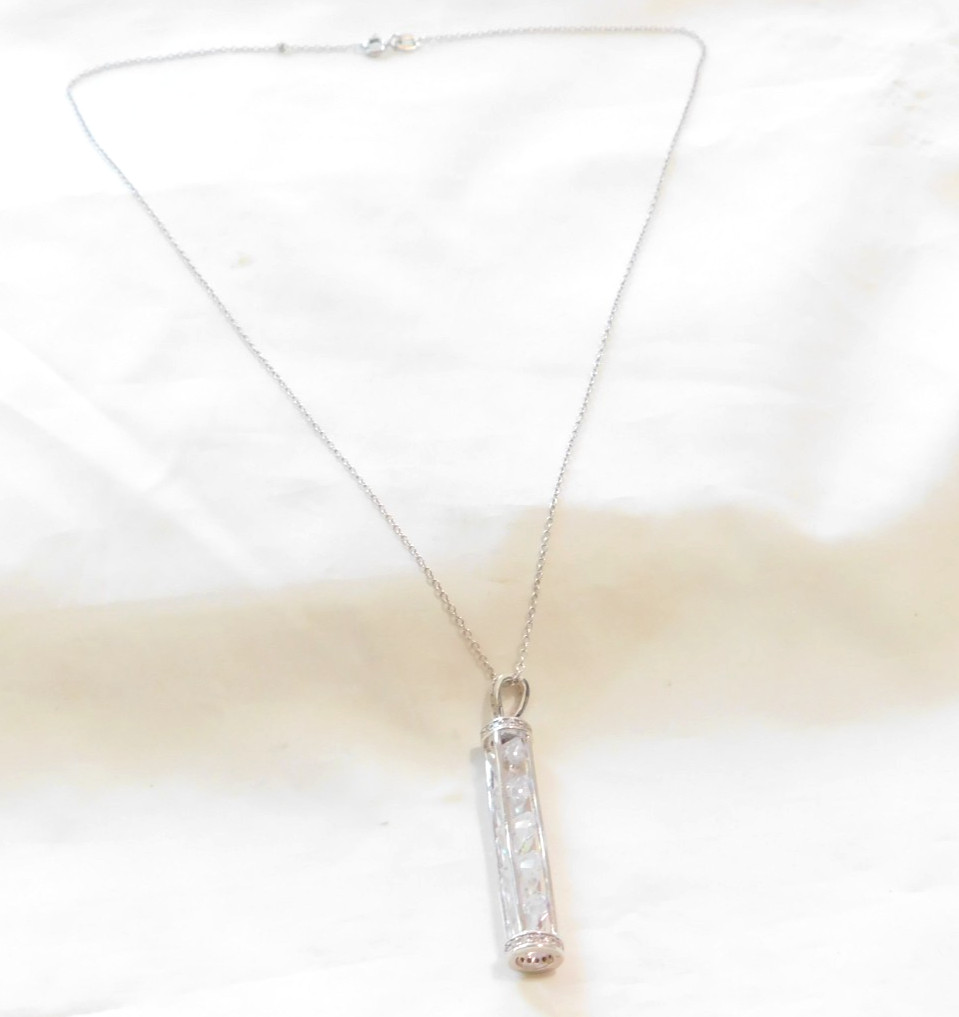 Sterling Silver CZ Modern Vertical Bar Pendant Necklace N580