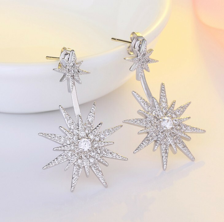 Dazzling Fire Double Stars AAA White Cubic Zirconia Silver Stud Hook Earrings