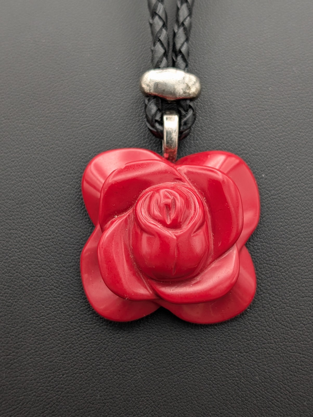 Large Genuine Carved Red Coral Rose Pendant Necklace Braided Cord Statement 30g