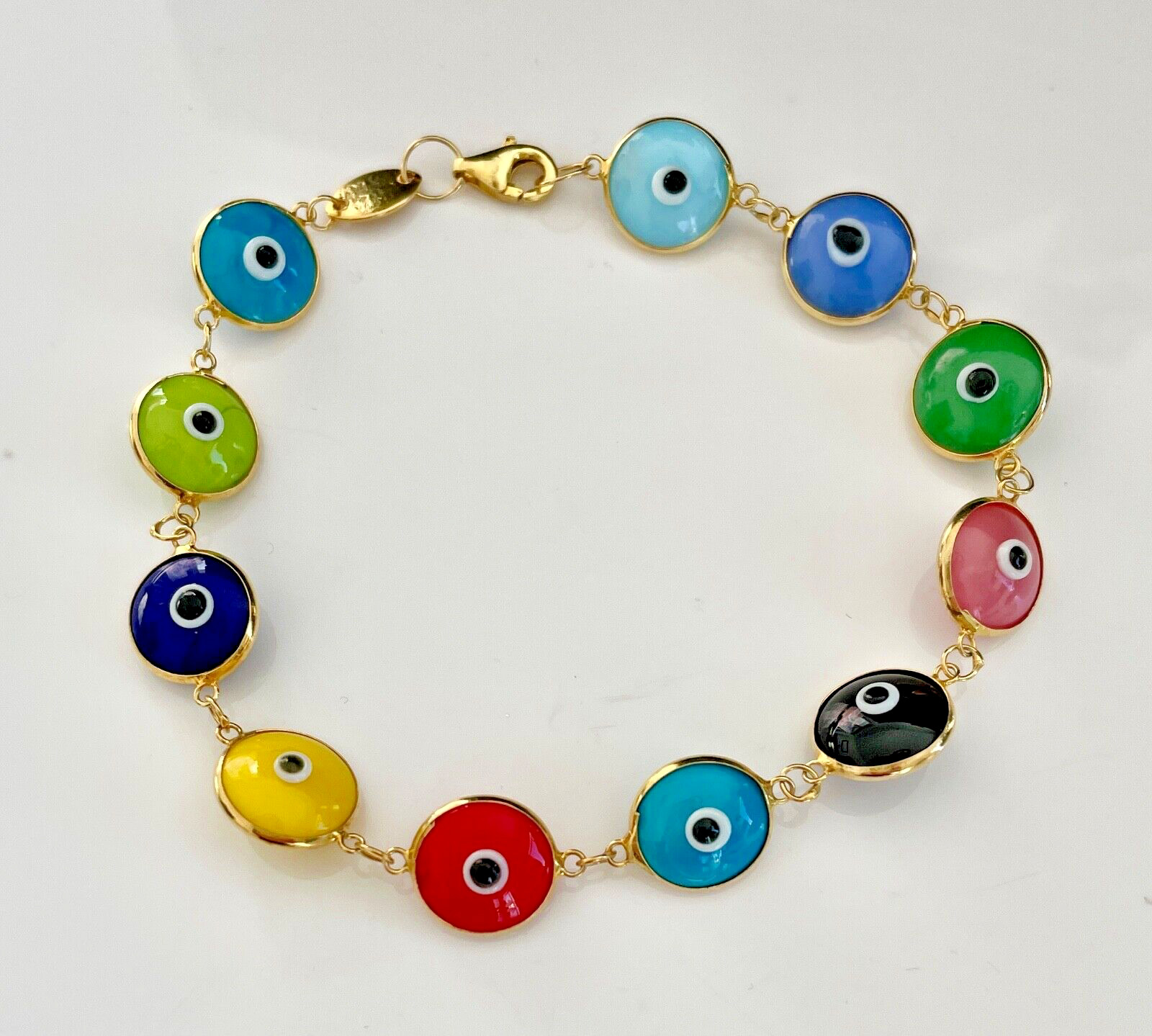 Multi Color Evil Eye Glass Bead Bracelet Gold 925 Sterling Silver Bracelet 71/2″