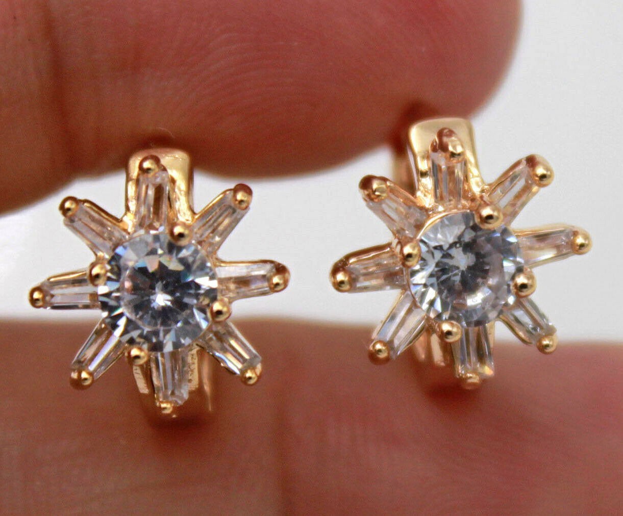 Yellow Gold Filled Clear Round & Trapezoid CZ Star / Flower Huggie Hoop Earrings