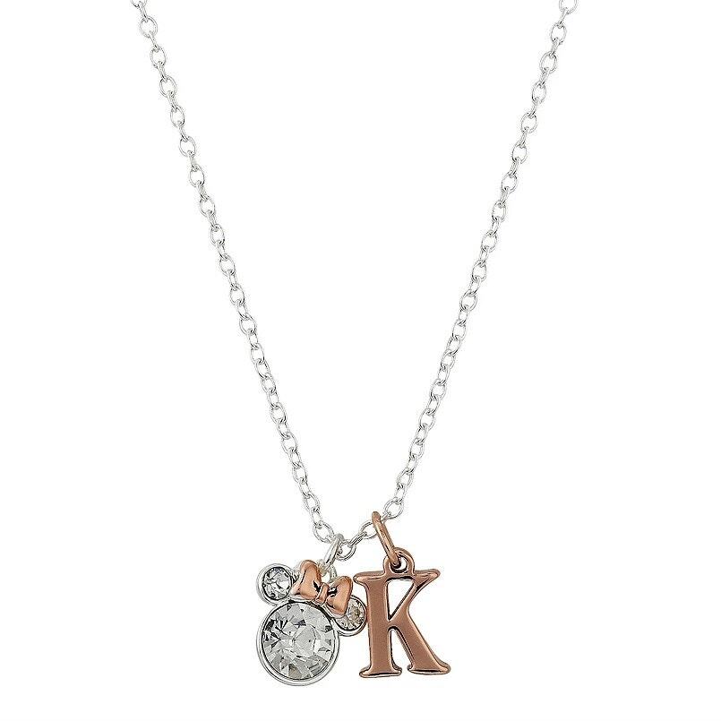 Minnie Mouse Rose Gold Silver Plated Crystal Initial K necklace