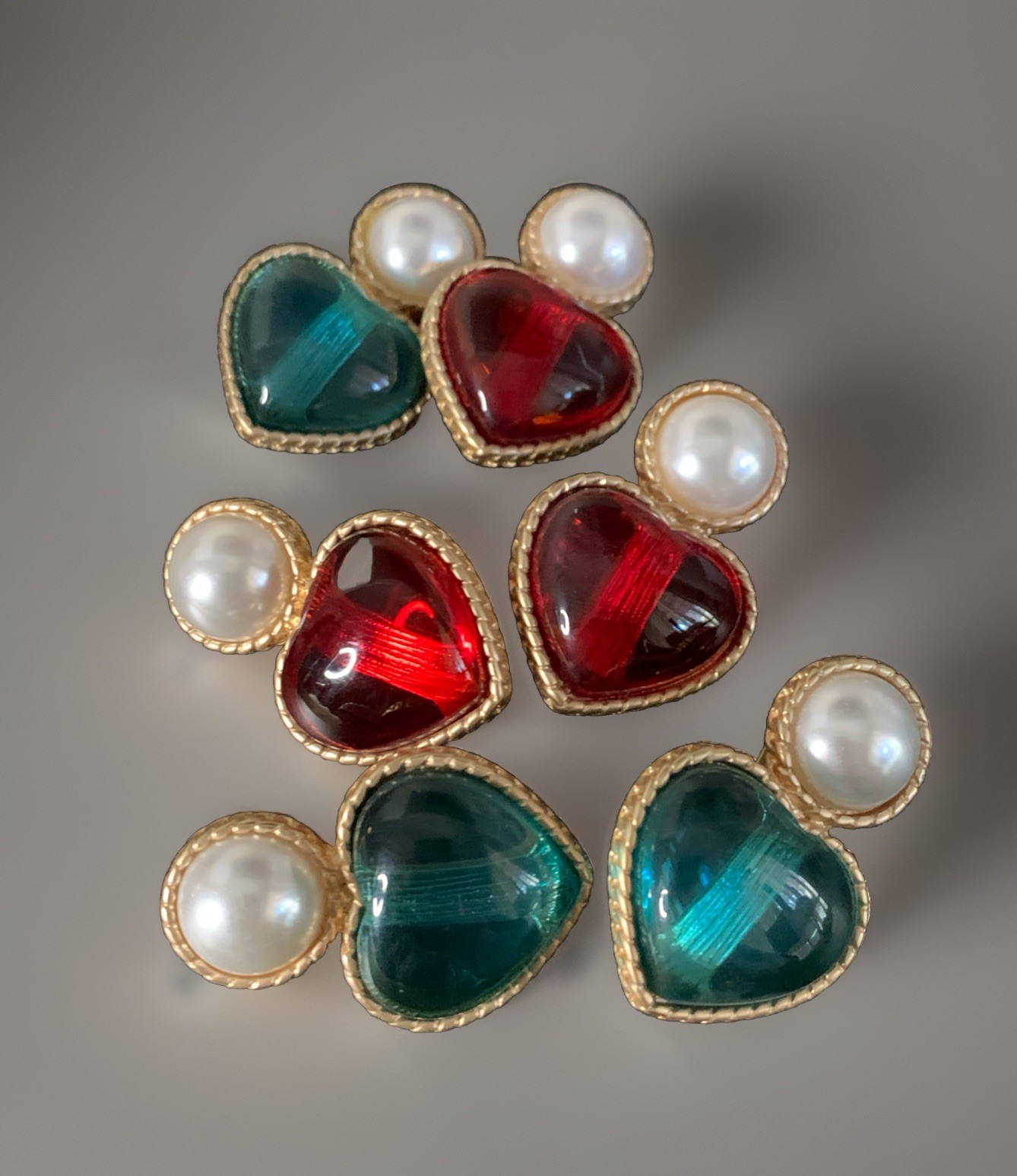 French Gripoix Style Heart Clip On Earrings Pearl Red glass heart Gold Tone