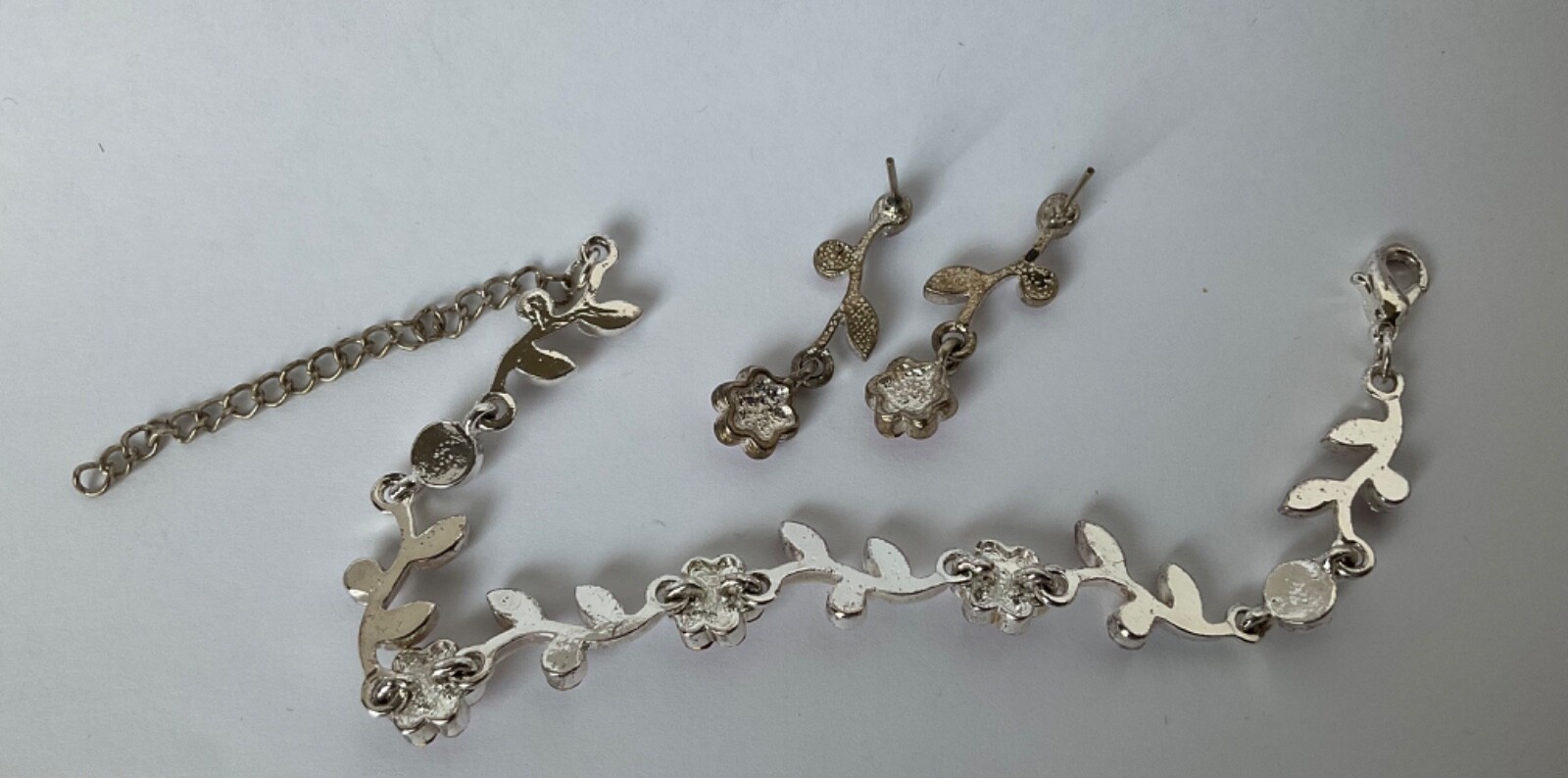 Pink Crystal Floral Flower Bracelet & Dangle Earrings Set Silver Tone Base