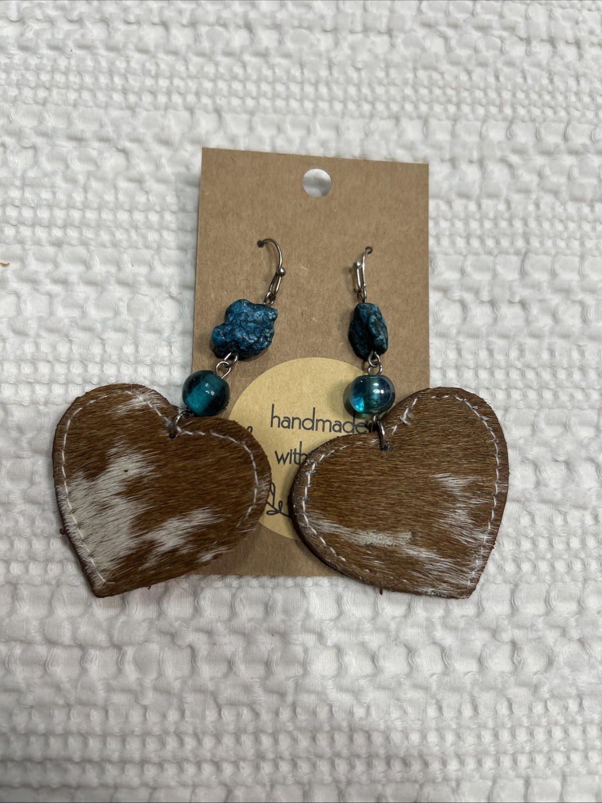Faux Cowhide & Turquoise Dangle Earrings Handmade 2.5” Heart Nickle Free New