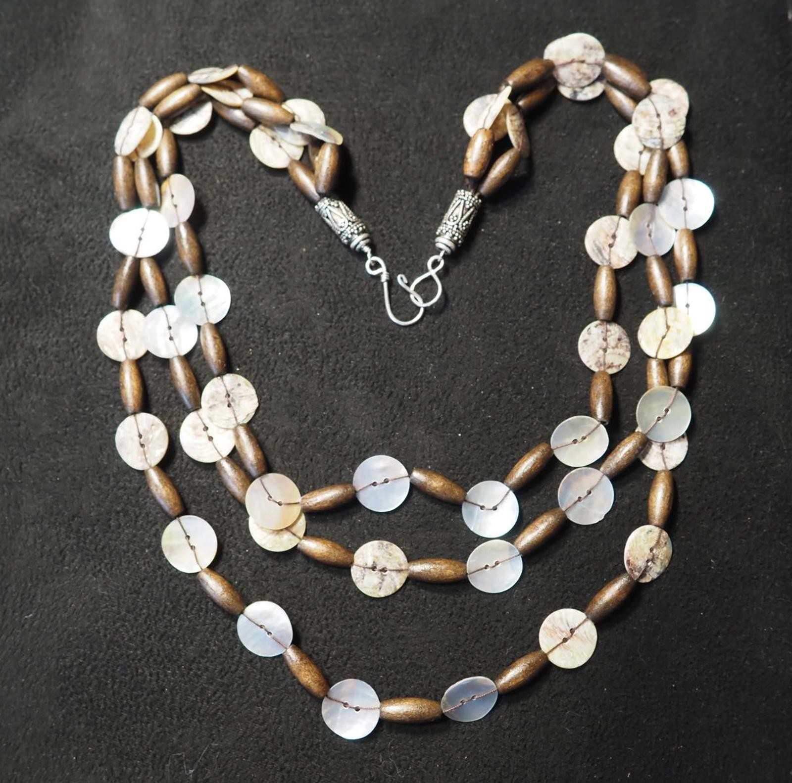 Bohemian Multi-Strand Wood and Mother-of-Pearl Button Beaded Necklace