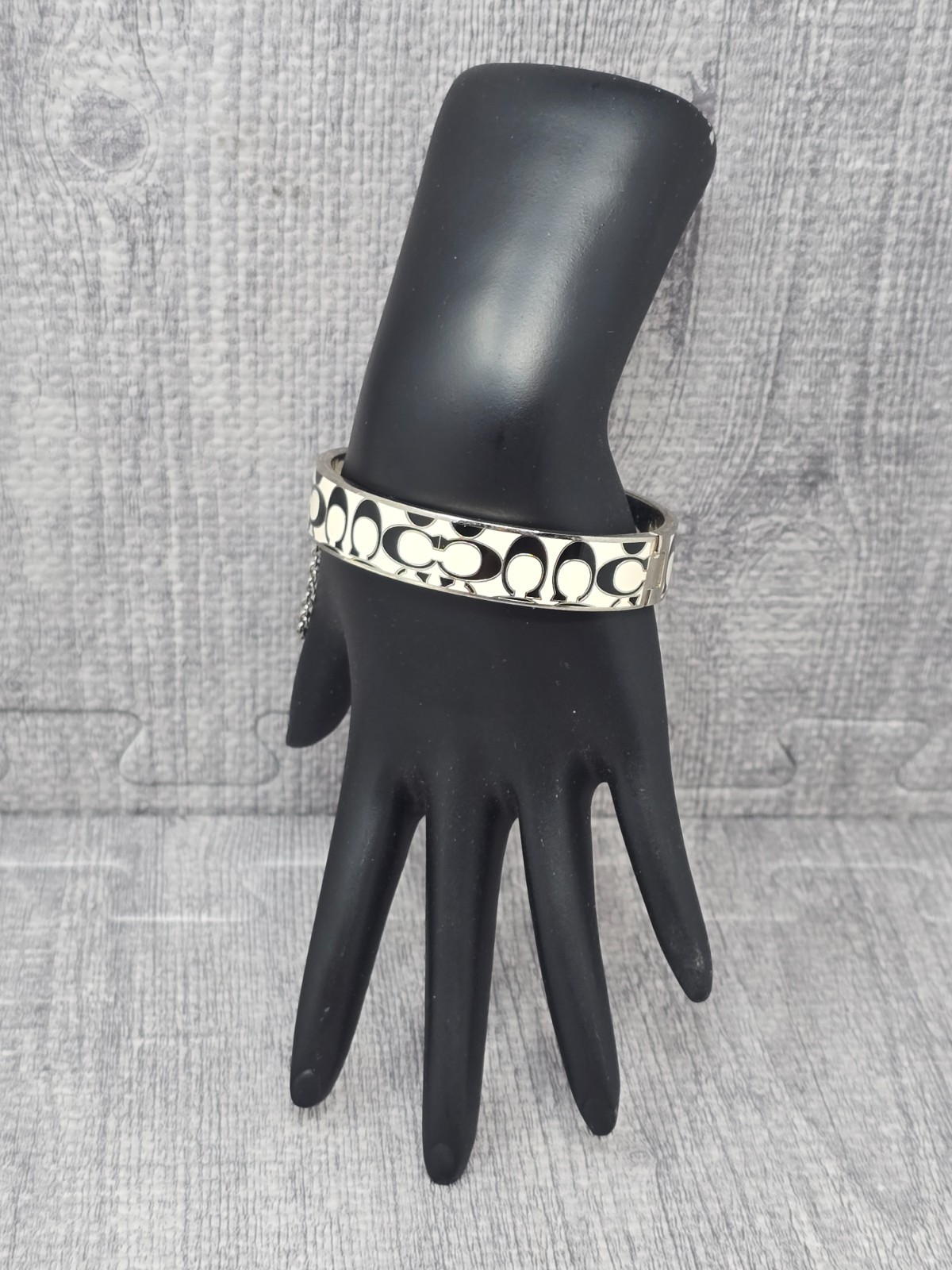 Coach Hinged Bangle Bracelet Enamel Black & White Silver Tone