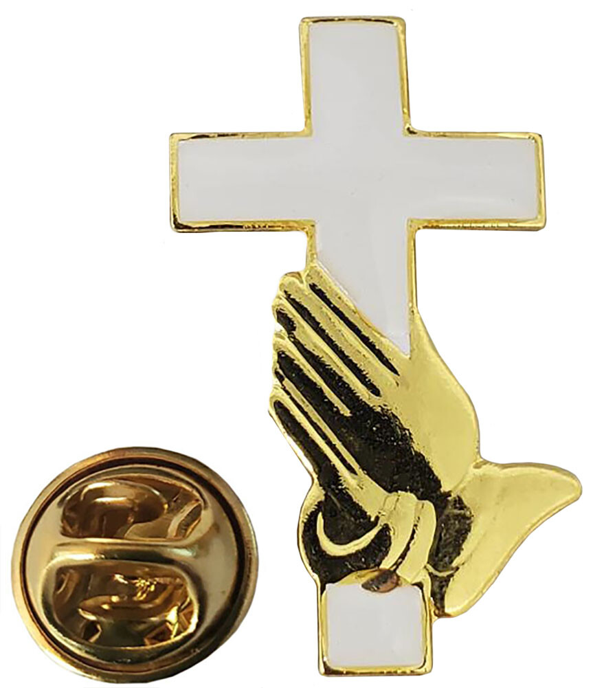 White Christian Cross Prayer Hands Bike Hat Cap Lapel Pin