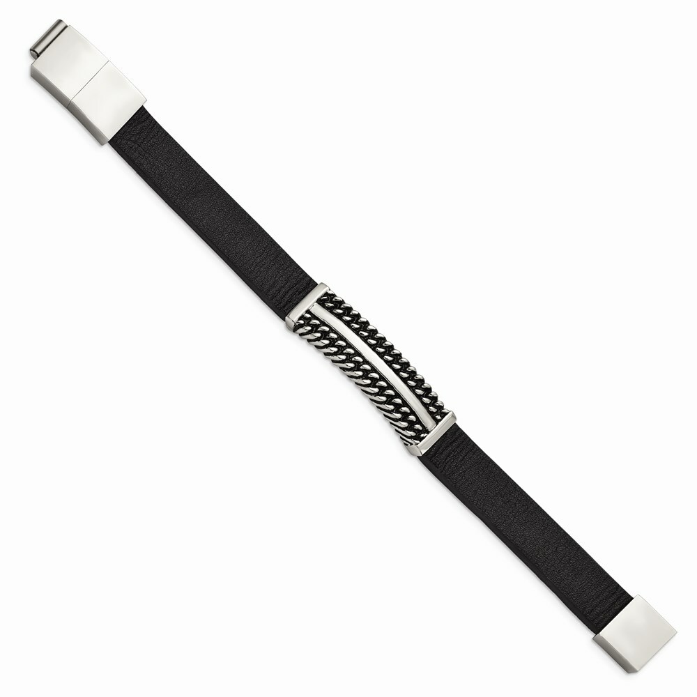 Stainless Steel Antiqued & Polished Black Leather w/.5in ext 8in Bracelet