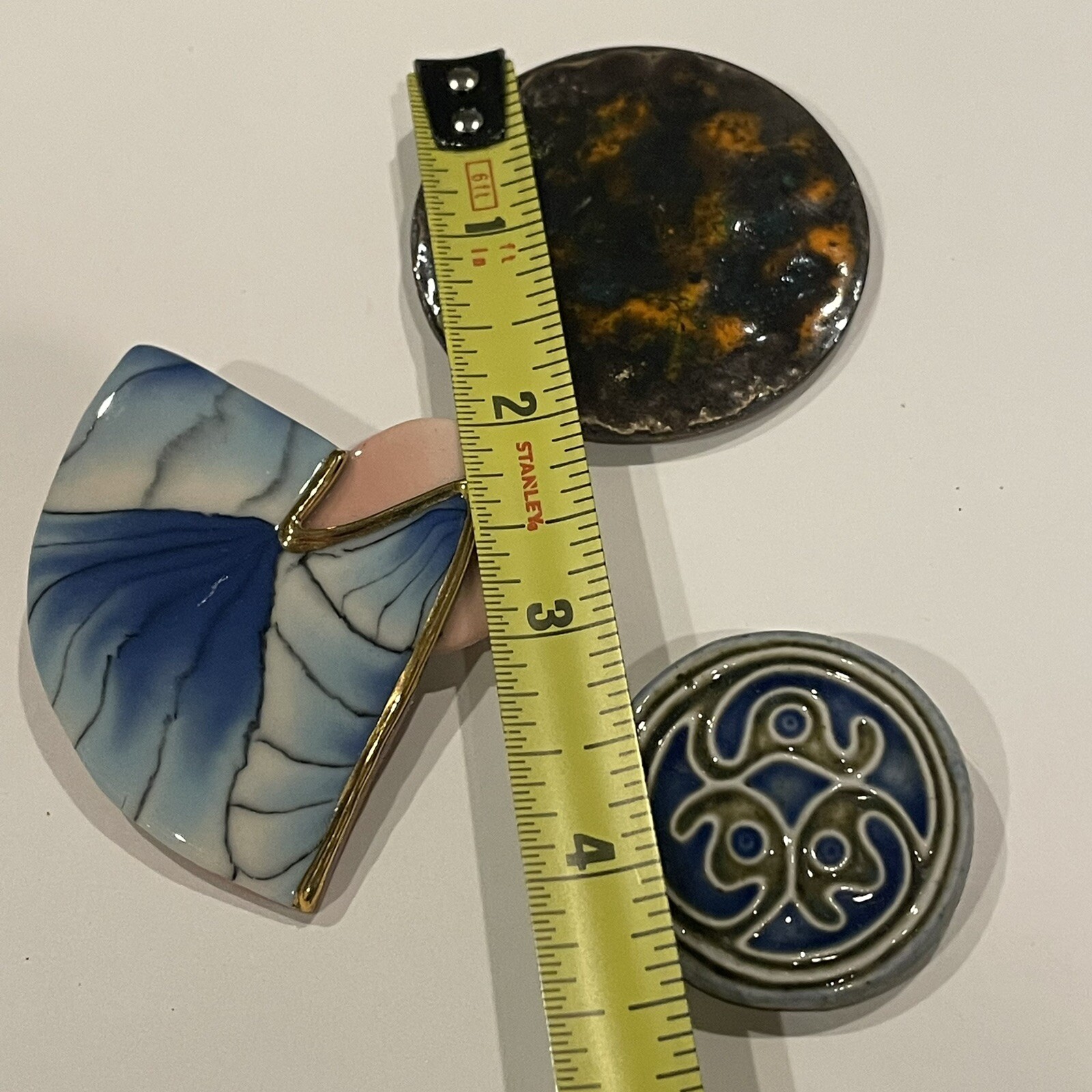 Lot Of 3 Handmade Handcrafted Brooch Pins Ceramic / Enameled Metal Etc