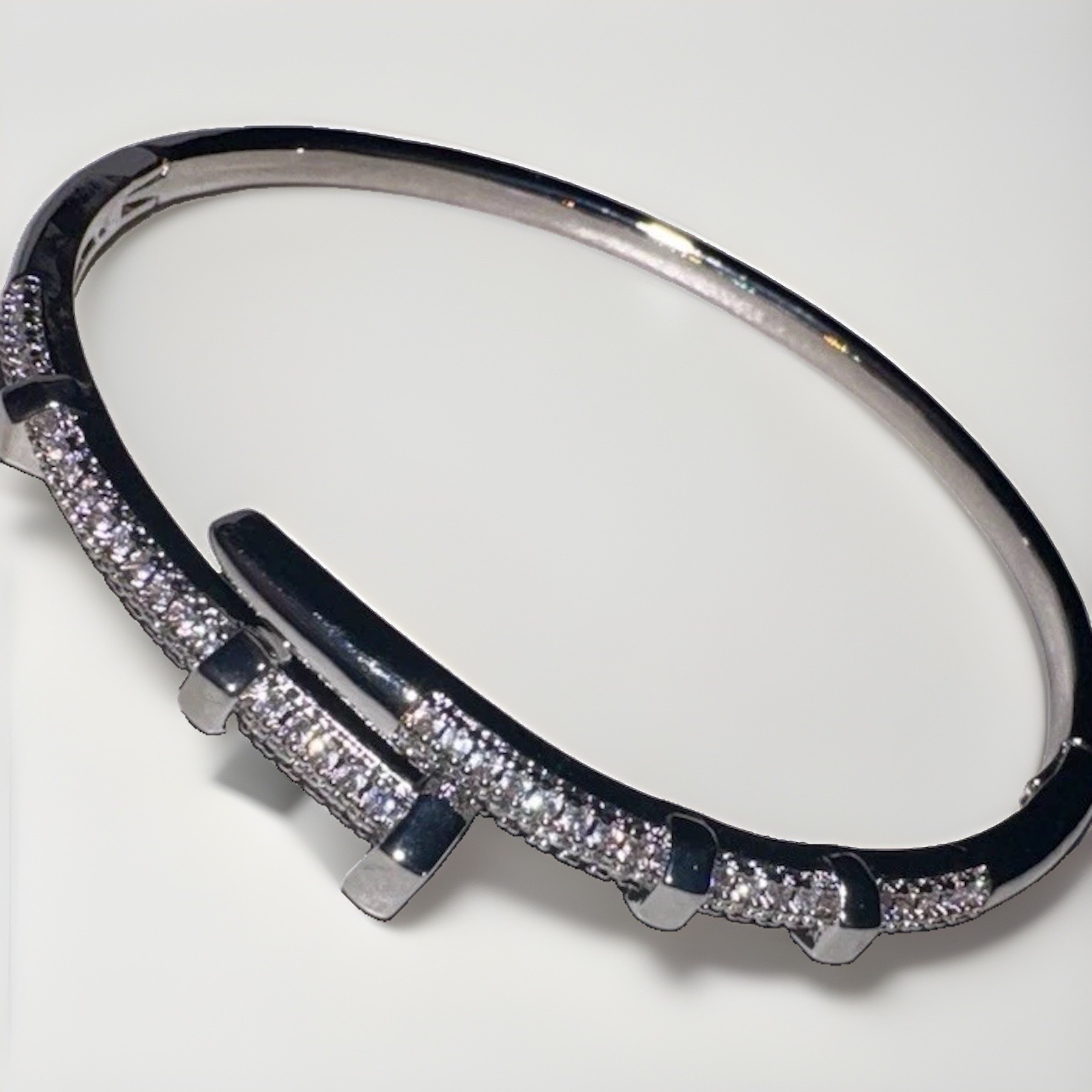 Silver Tone Pavé Clear Round Simulated CZ Hinged Cuff Bangle Bracelet