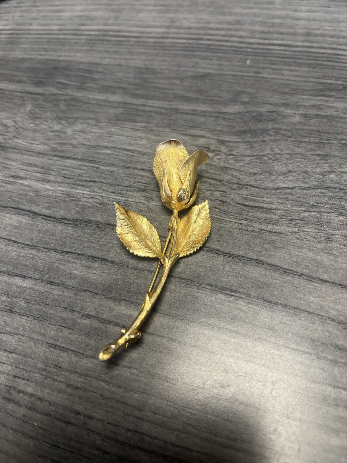 Vintage Brushed Gold Tone Rose Bud Brooch, Textured Finish To It.