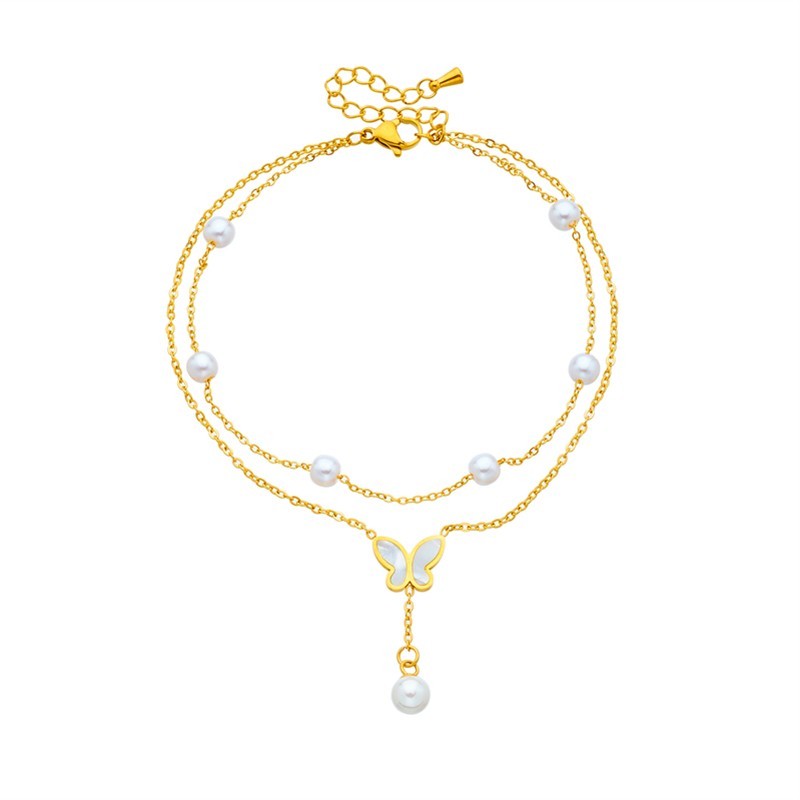 Gold Tone Butterfly Faux Pearl Anklet Adjustable Stainless Steel Chain Foot