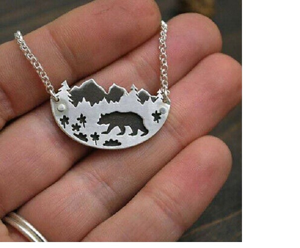 BEAR PINE TREES MOUNTAIN pendant 20″ to 22″ 925 Sterling Silver plated Necklace