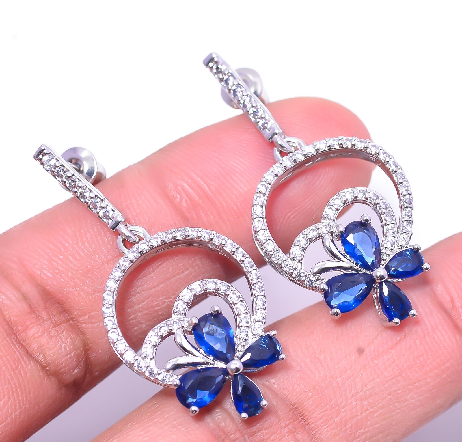 Blue Sapphire – Simulated & Cubic Zirconia 925 Sterling Silver Earring 1.56″ E86
