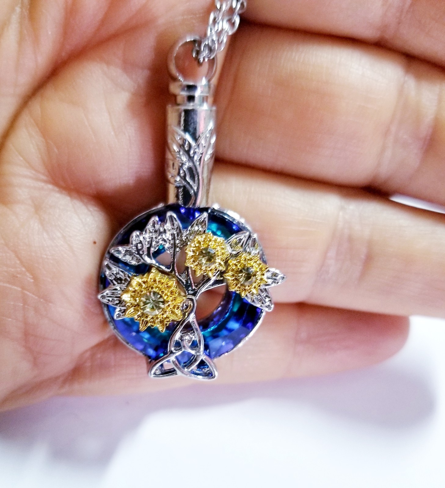 Silver Tone Urn Cremation Memorial Necklace Sunflowers Pendant for Ashes Blue