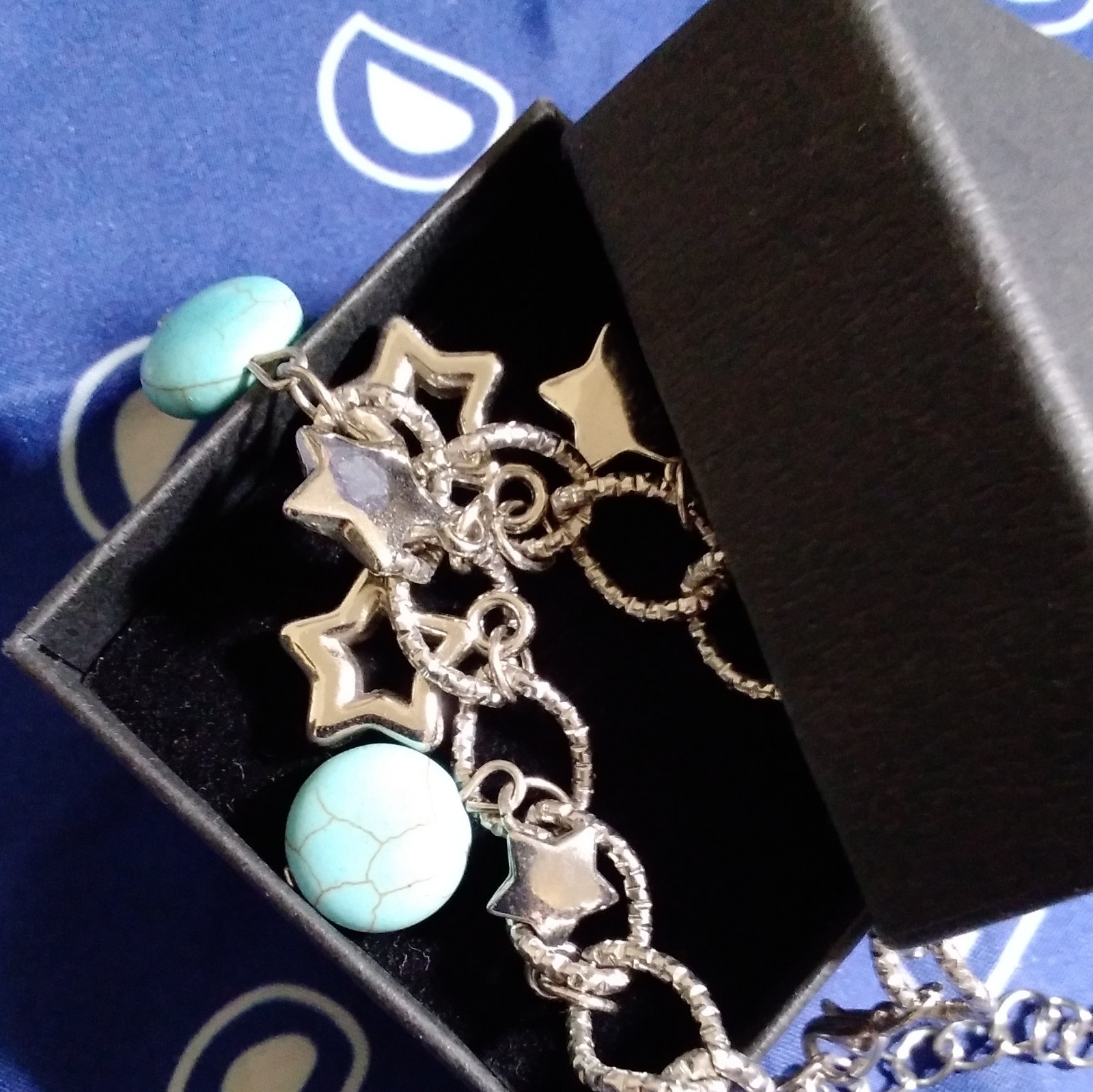 Silver Tone Star Dangle Charm Cable Chain Bracelet Blue Beads, Lobster, Adj.