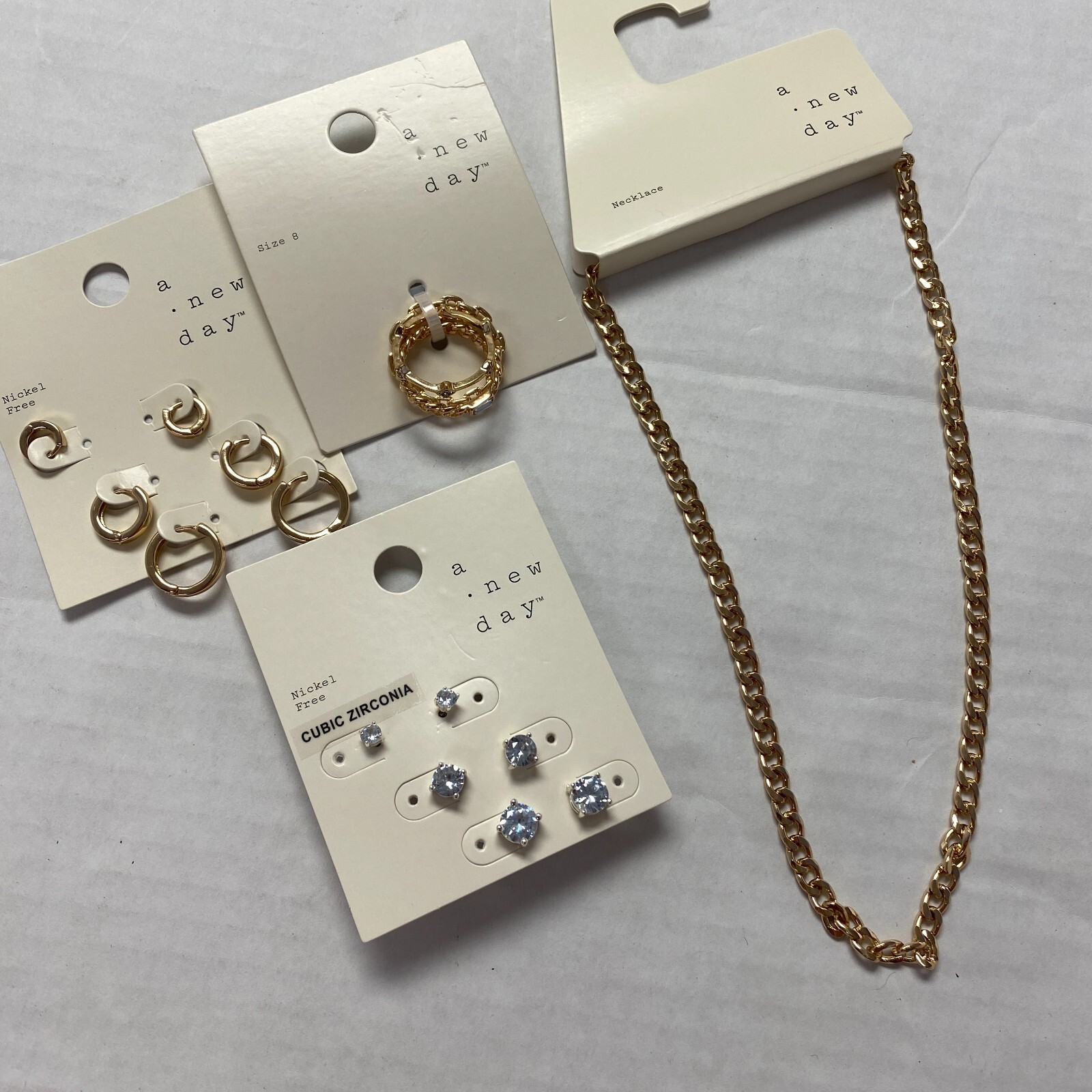 A New Day Nickle Free Hoop Stud Earrings, Size 8 Rings, Chain Necklace Bundle