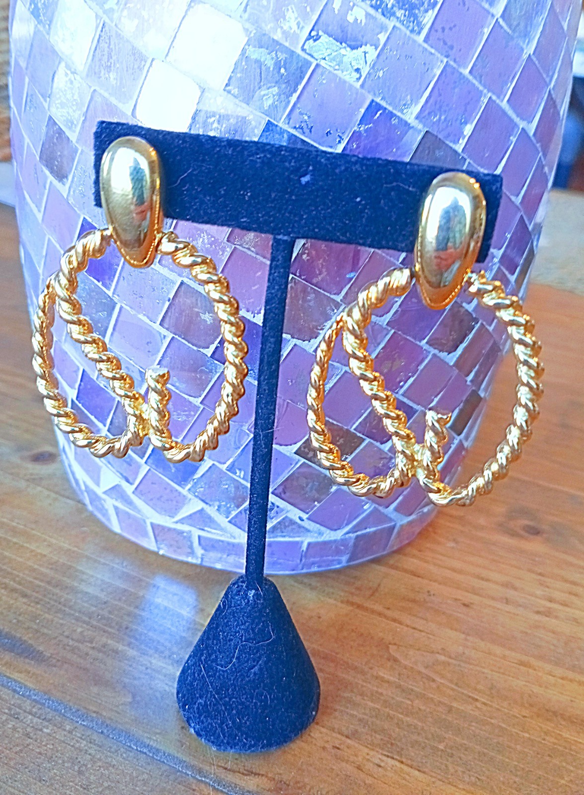 Vintage St John Logo Gold Tone Twist Cable Pierced Drop Statement Earrings