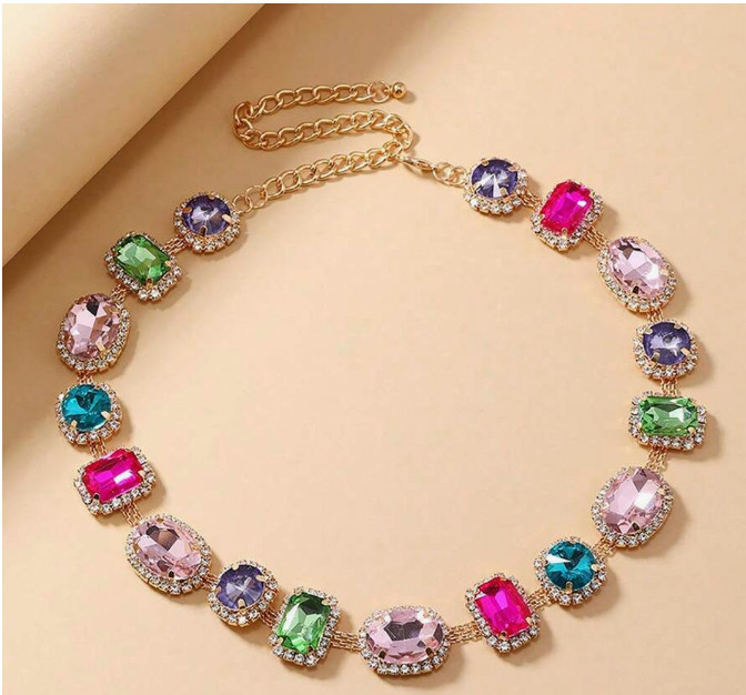 NECKLACE- Clavicle Chain, with Multicolor Rhinestone Pendants