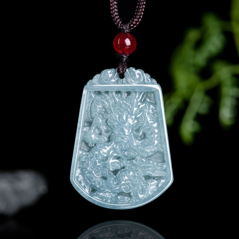 Natural Blue Water Jade Jadeite Hand-Carved Zodiac Dragon Lucky Pendant Necklace