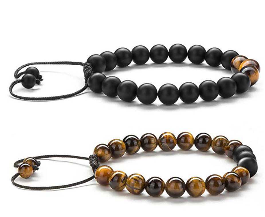 2PCS Men Bracelet 8mm Tiger Eye Lava Rock Gem Stone Bead Bracelet Boyfriend US