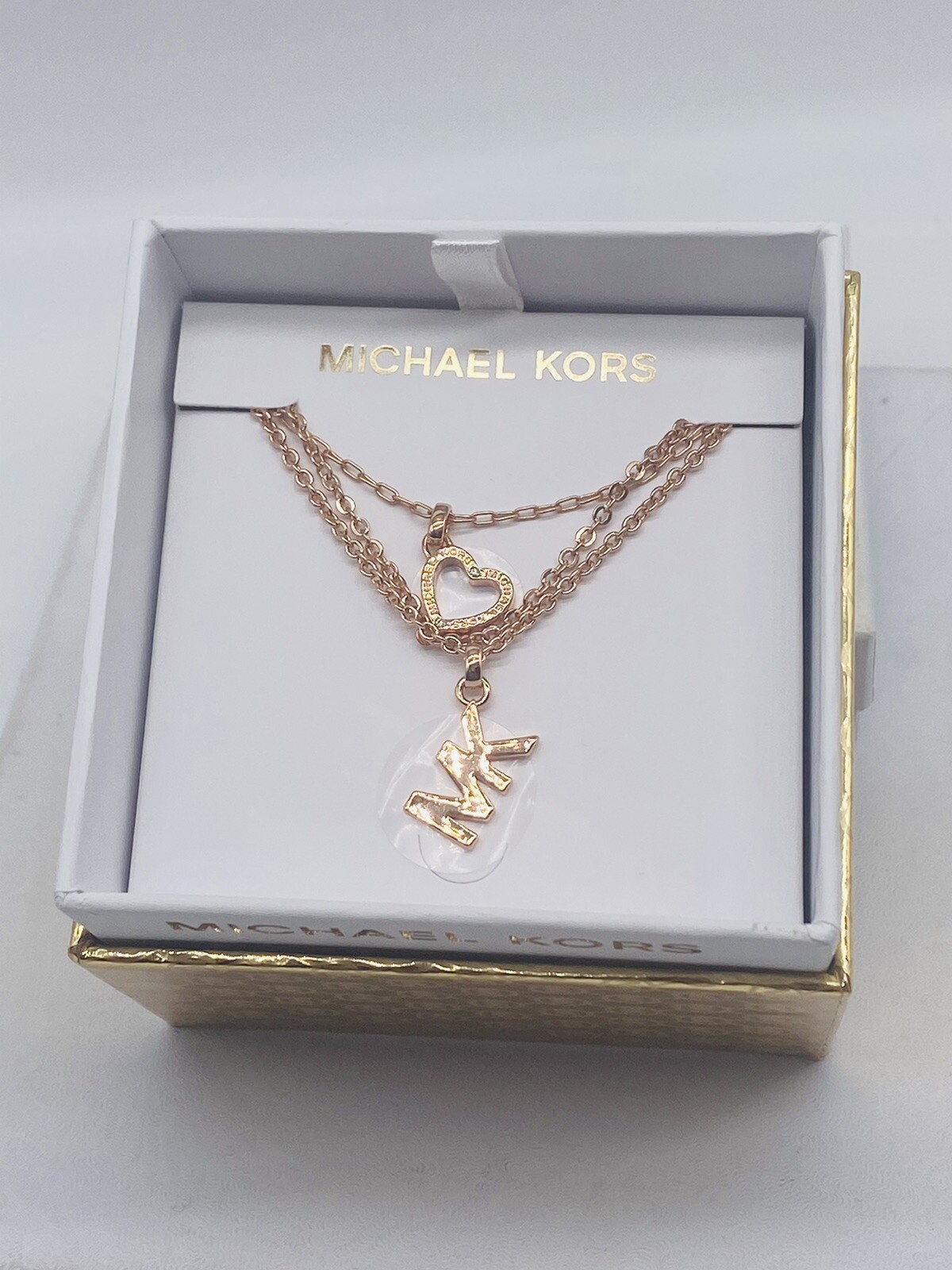 Michael Kors Rosegold Multi Layer Pave Open Heart Logo Necklace AUTHENTIC!