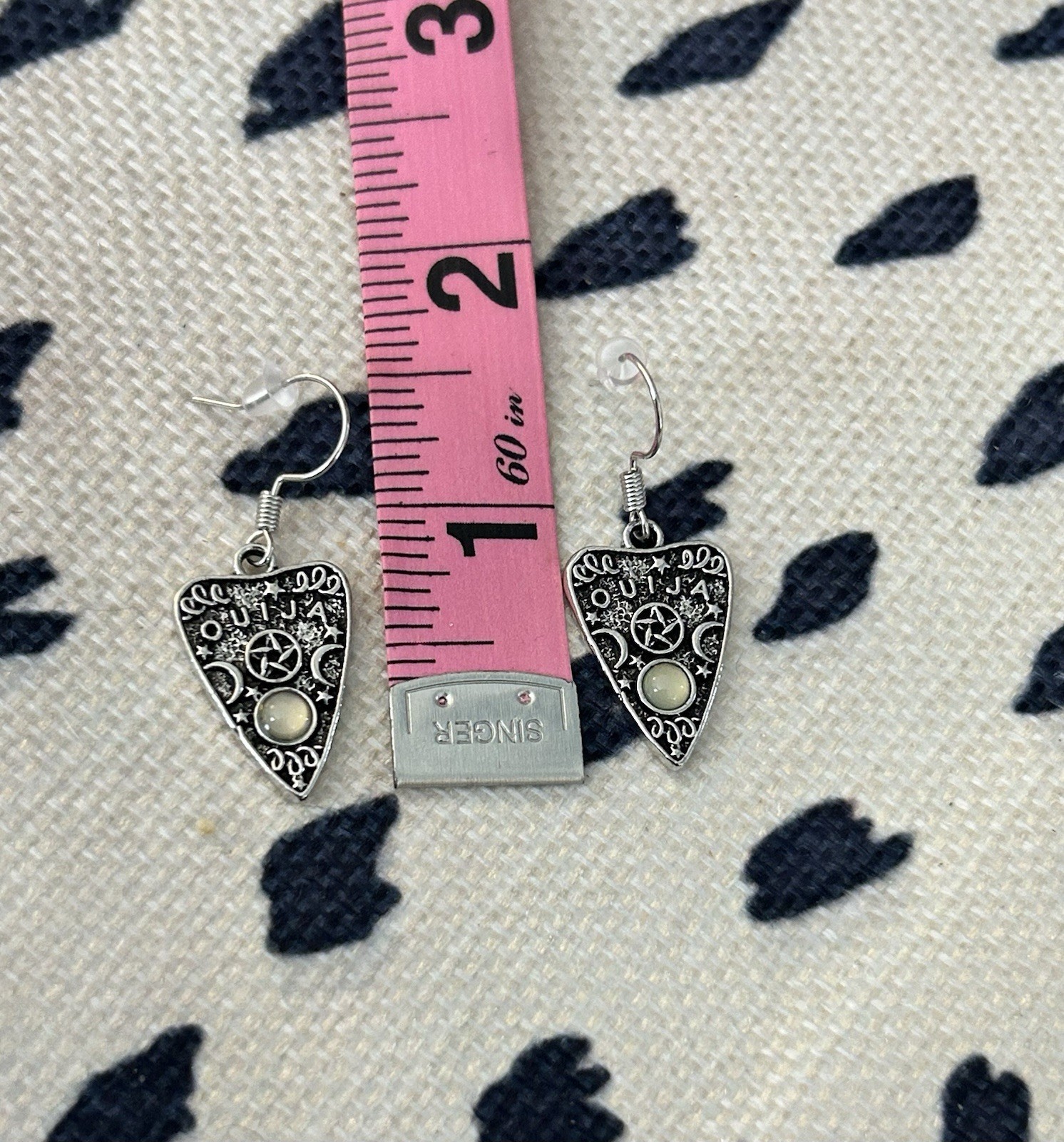 Silvertone Ouija Planchette Dangle Earrings With Faux Moonstone And Pentacle