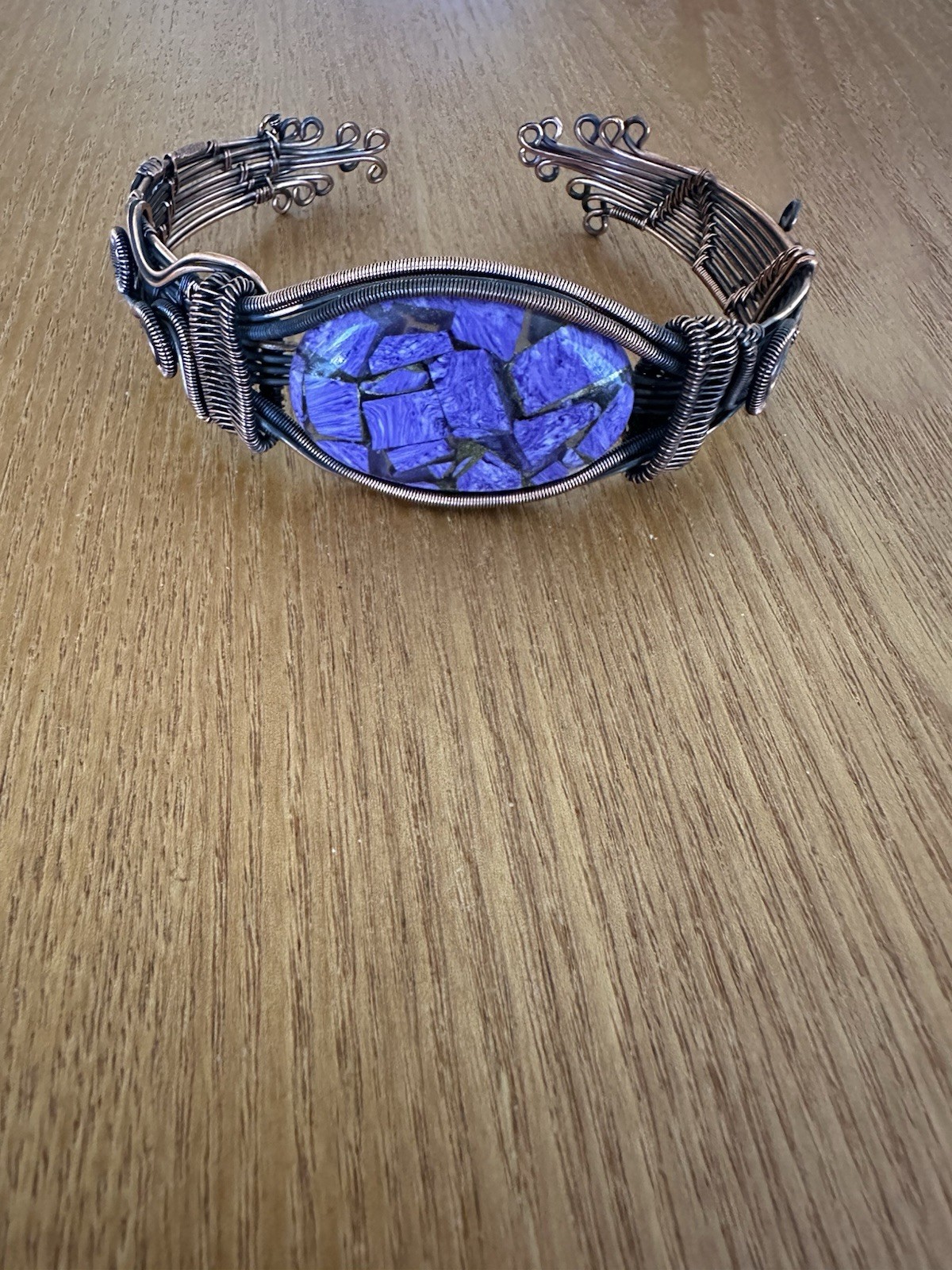 Cuff Bangle Adjustable Copper Wire Jewlery Adorned With Russian Purple Gemstone