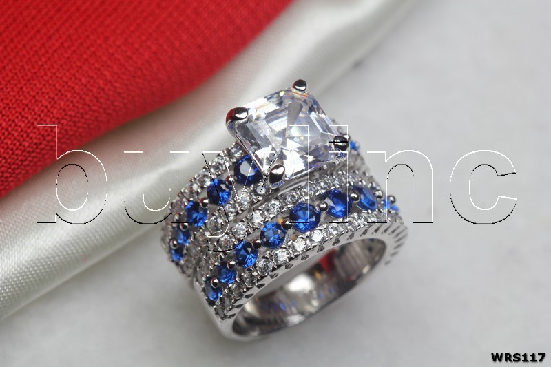 Blue White CZ Sterling Silver 925 Princess 6.7CTW Bridal Wedding Ring Set
