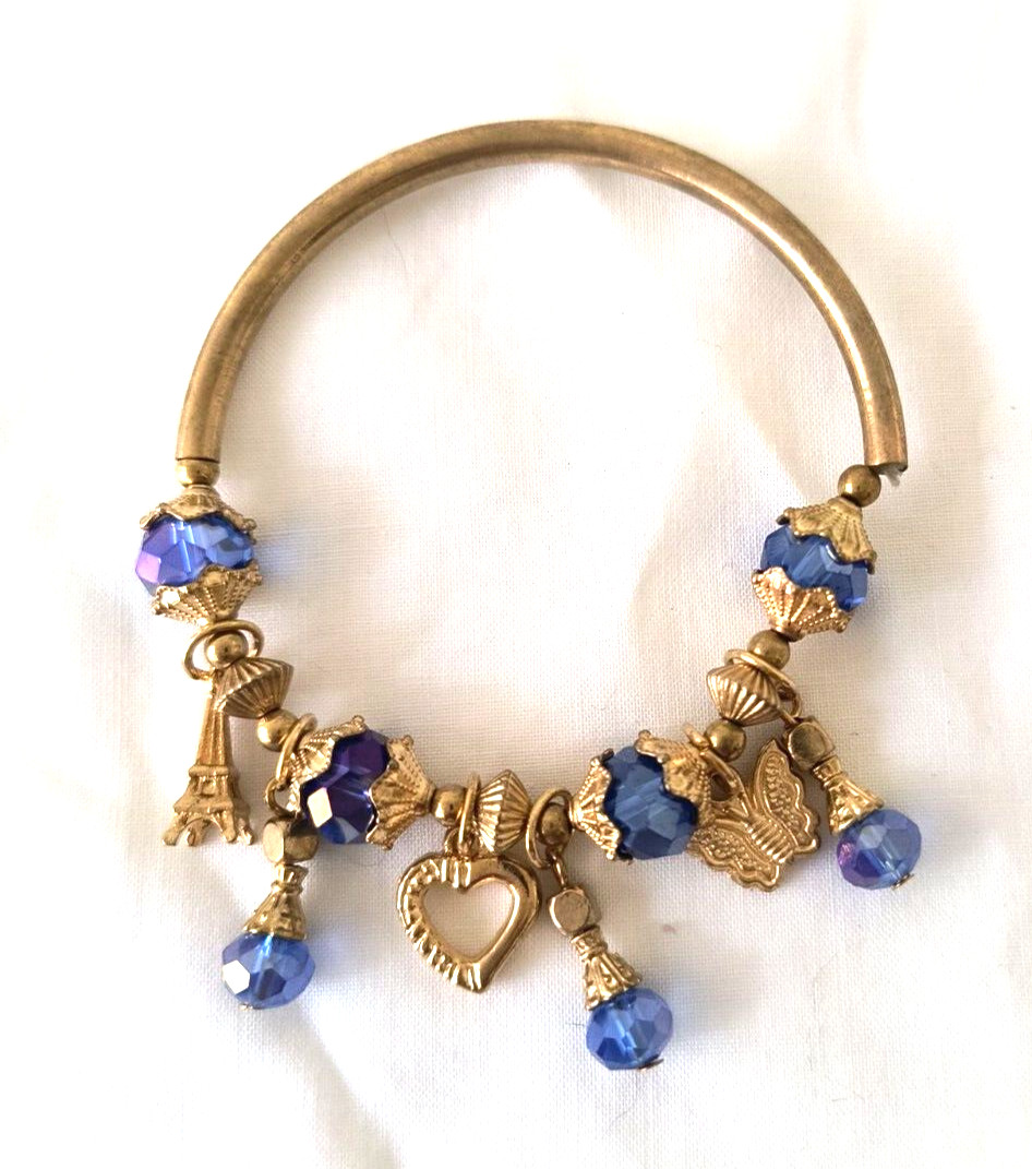 Fashion Jewelry Stretch Bracelet Gold Color Metal Charms Blue Acrylic Charms