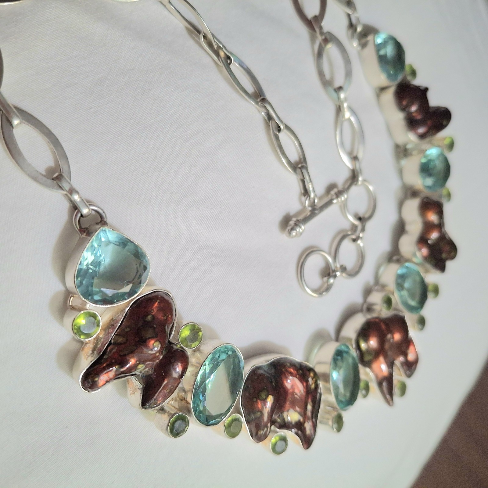 Y2K Necklace SIGNED 925 HUGE! Boho Blue Topaz Dyed Blister Pearls Peridot Estate