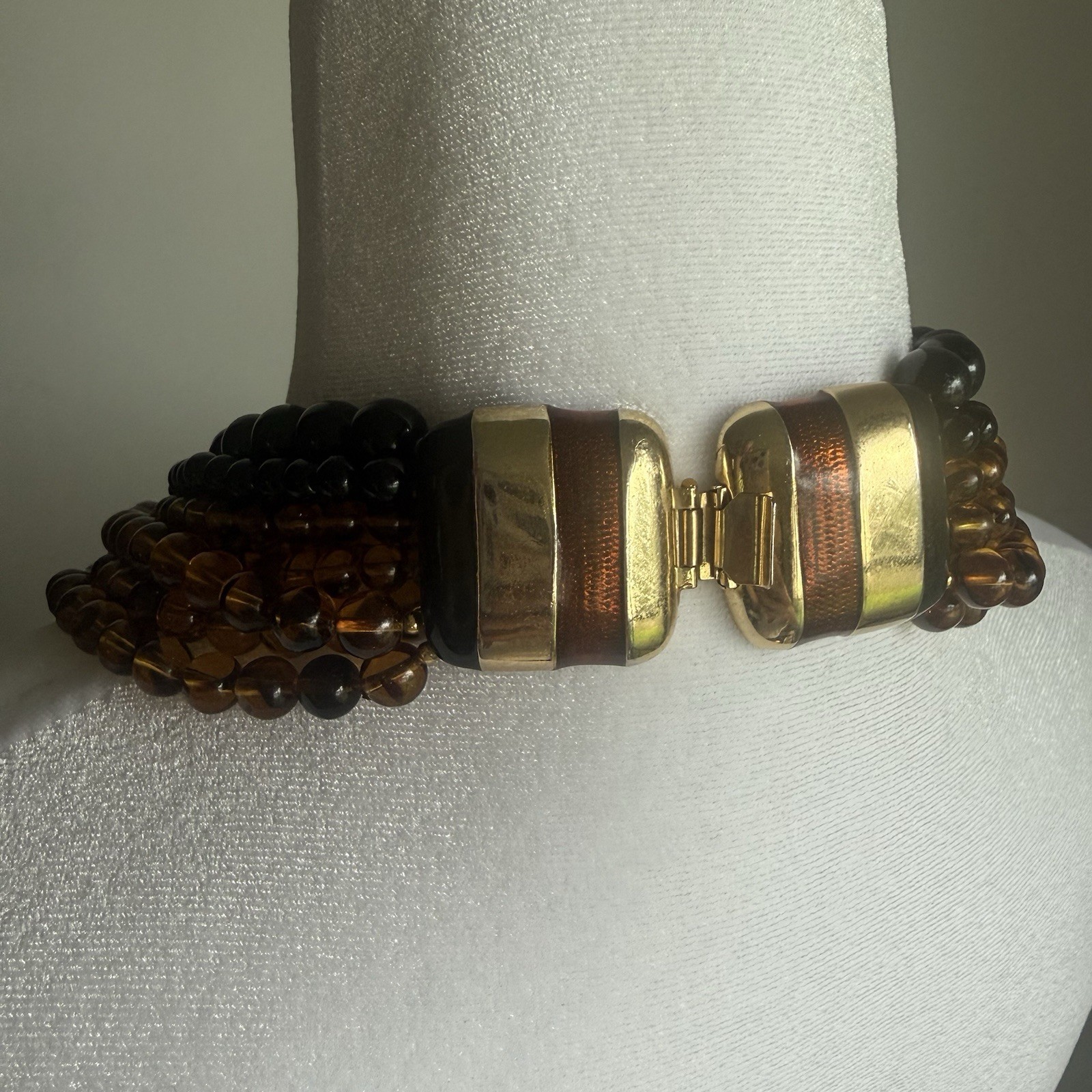 Donna Stannard Signed Multi Strand Torsade Necklace Cognac Lucite & Black Bead