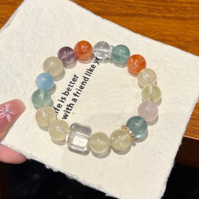 10mm Natural Lemon Yellow Crystal Aquamarine Green fluorite Handmade Bracelet