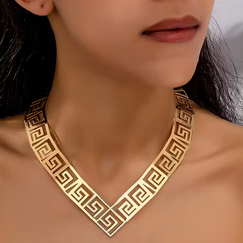 NEW WOMEN’S GOLD TONE GREEK KEY V STYLE NECKLACE OPEN BACK SLIP ON