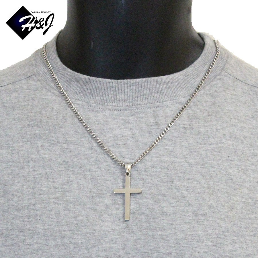 20″Stainless Steel 3mm Silver Cuban Curb Chain Necklace Plain Cross Pendant*SP29