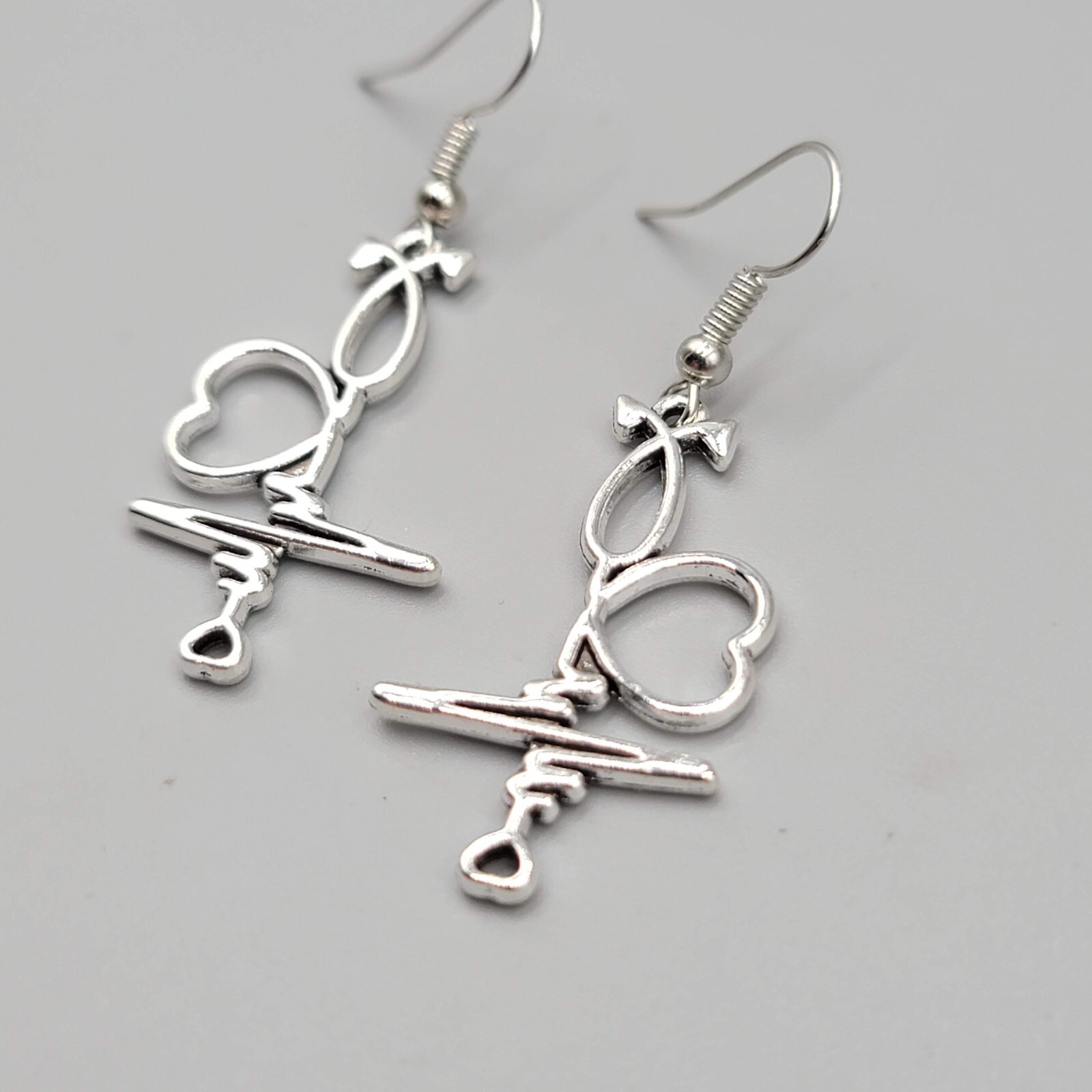 Medical Nurse Pierced Earrings Heart EKG ECG Silver tone Dangle 1.25″