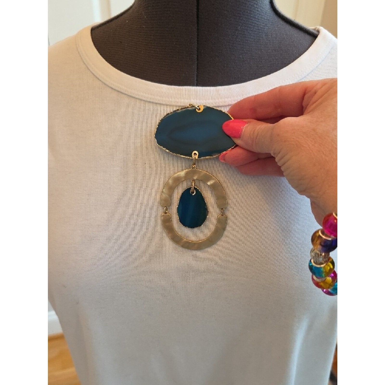 Blue/Teal Agate Statement Pendant with Gold-Tone Rings