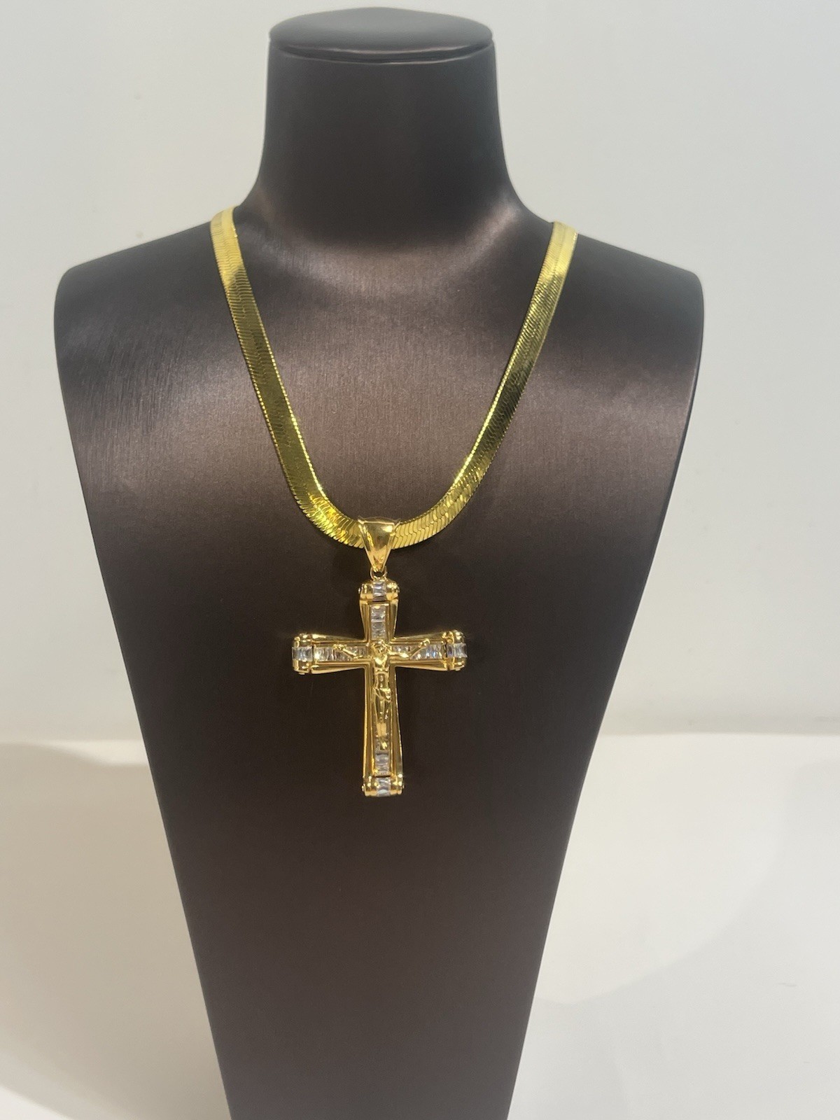 Gold Plated, Cross, Pendant, Necklace, Cubic, Zirconia, Cz Herringbone Chain
