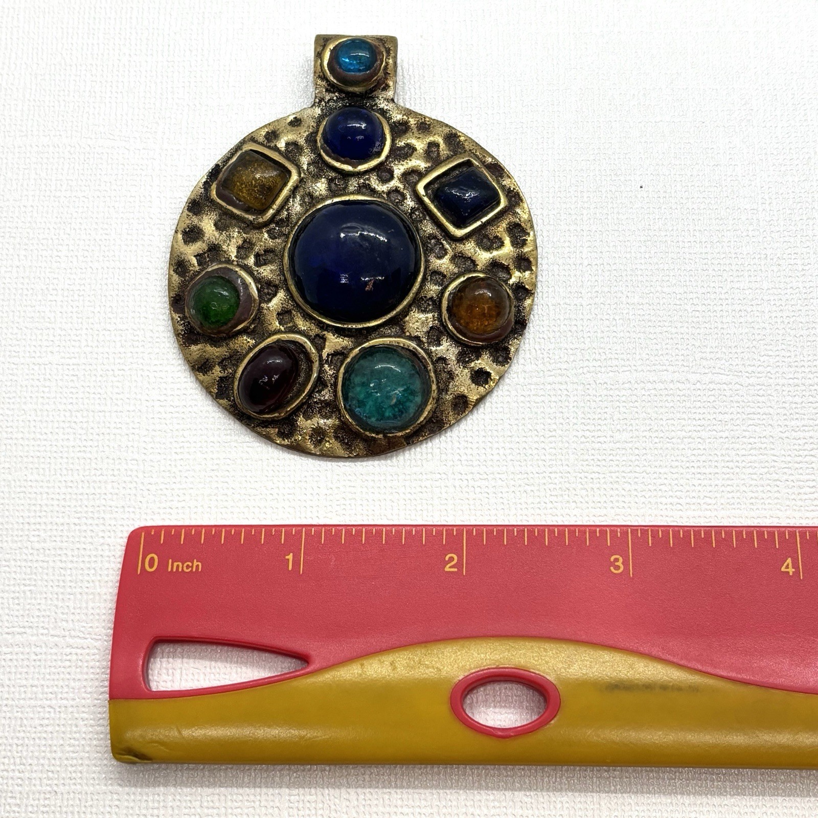 Multi Stone Cabochon Round Pendant Hammered Brass Metal Artisan Boho