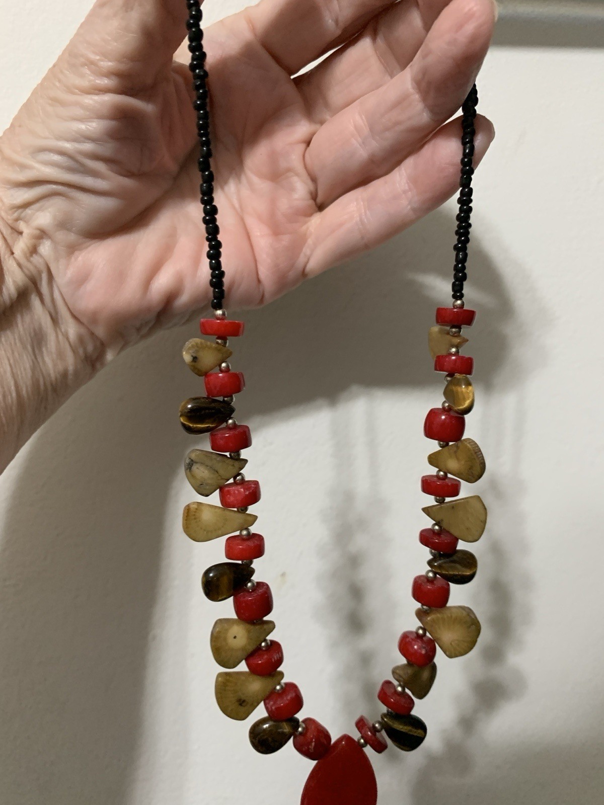 Red And Gold Beaded Statement Necklace,in Silver Tone,withRed Hang,Tear Drop.18”