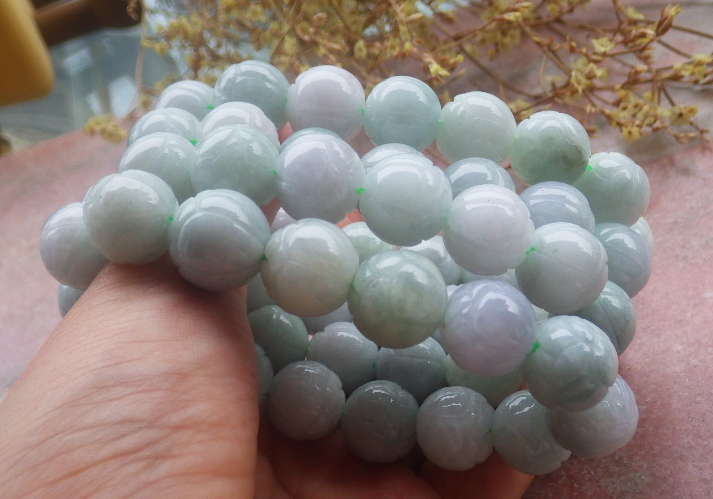 1 piece Green A JADE Jadeite Beads Bangle Lotus Flower Bracelet 7 inches 734353