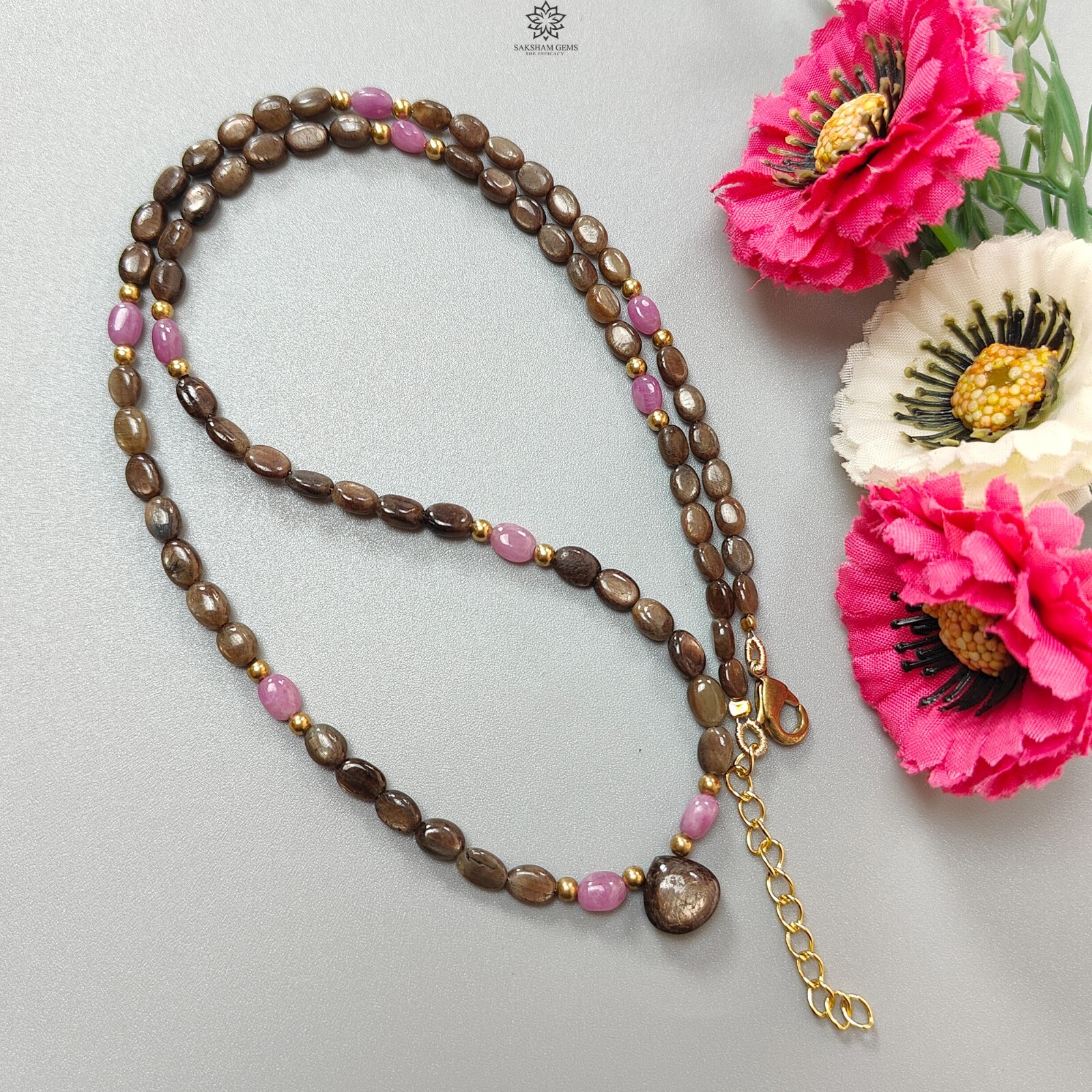 18.04gms Golden & Pink Sapphire Oval Brass Necklace 5*4mm – 7*5mm 10mm 21″(Apx)