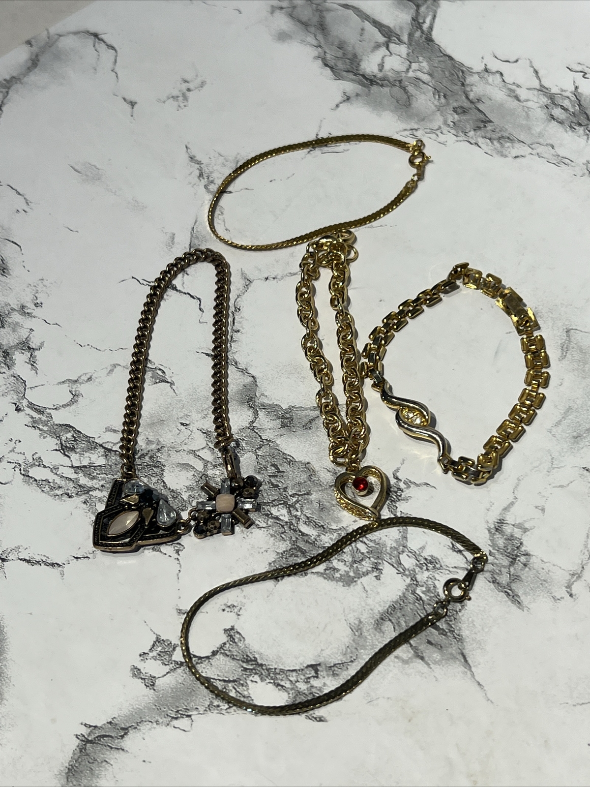 Lot Of 5 Bracelets Chain Gold Tone Rhinestones Costume Sparkle Varied Style