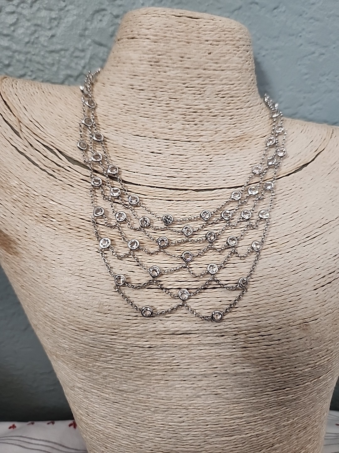 925 Sterling Silver Rhodium Finish Layered Statement Crystal Necklace Italy