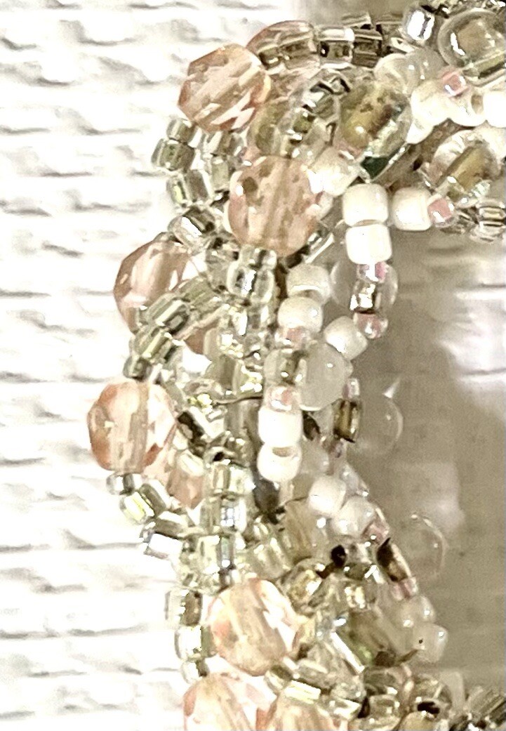 Bracelet MultiStrand Seed Bead Torsade 8” Pale Pink White Clear Crystal Closure