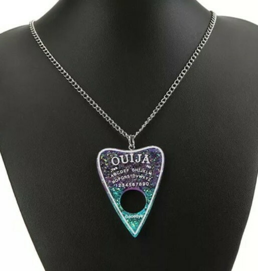 Ouija Planchette Pendant Necklace Purple Blue Glitter Resin Spirit Board Gothic