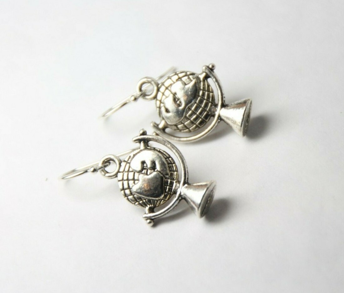 Globe Charm Earrings 925 sterling silver hooks pewter Charms Planet Earth Travel