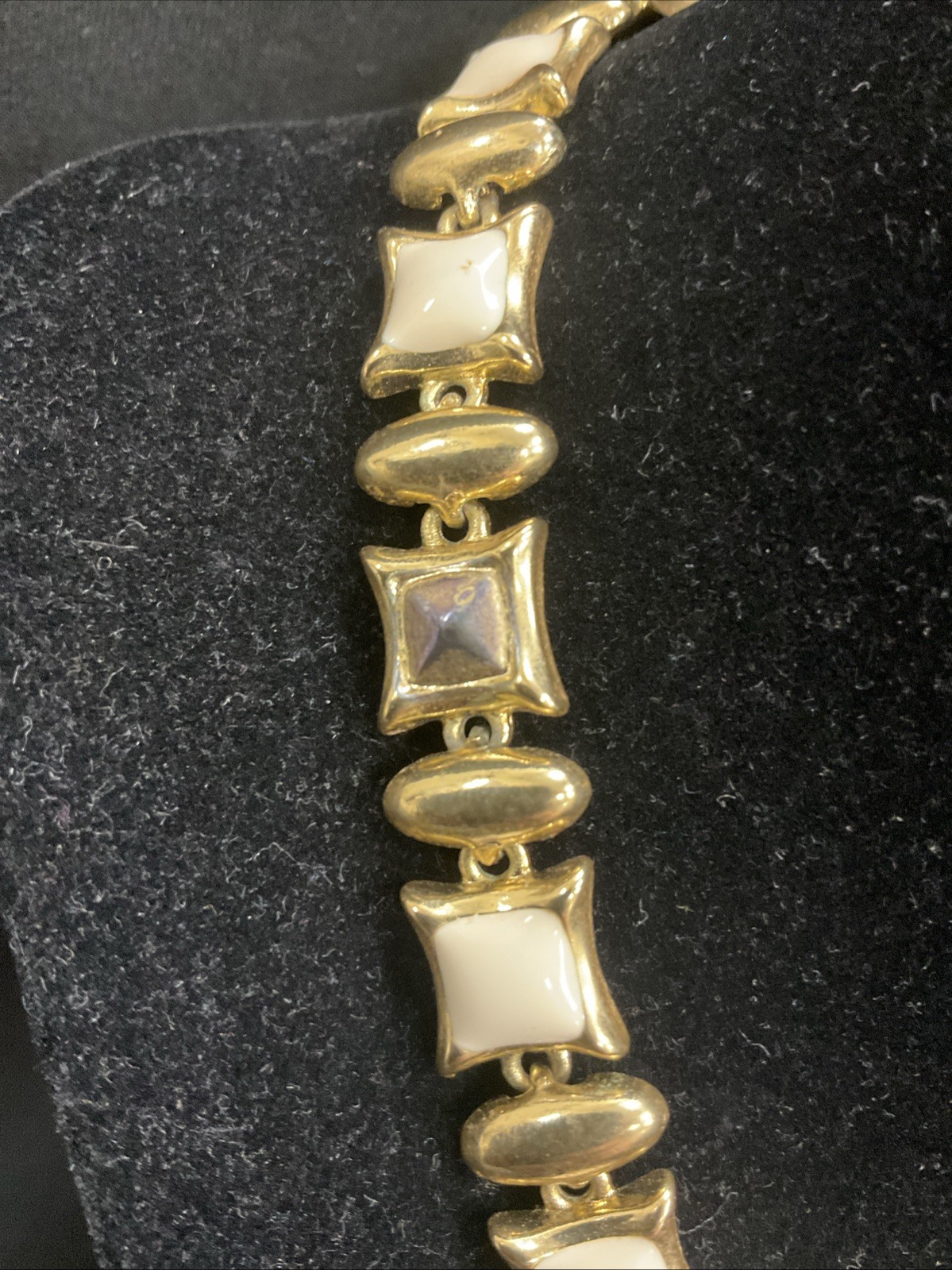 Gold Tone White Cream Enamel Panther Link Necklace Earrings